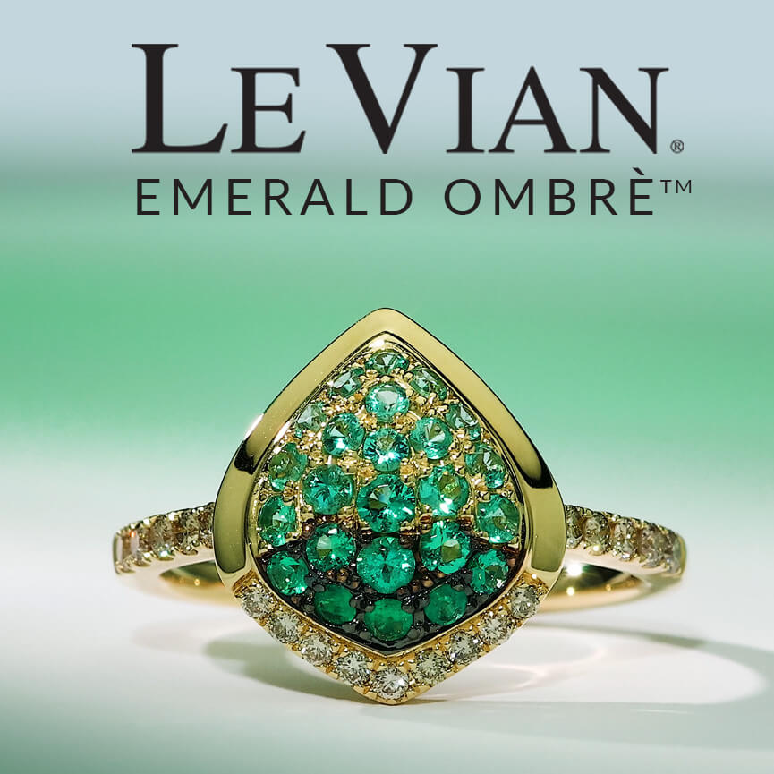 A Le Vian Emerald Ombre Ring with Emeralds, and Yellow Gold, part of a jewelry collection.
