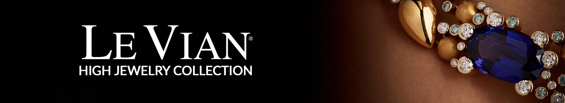 Le Vian® High Jewelry Collection banner featuring white serif logo text, with a close-up of a luxurious gold necklace set with a large deep blue sapphire oval gemstone surrounded by diamonds and smaller blue stones.