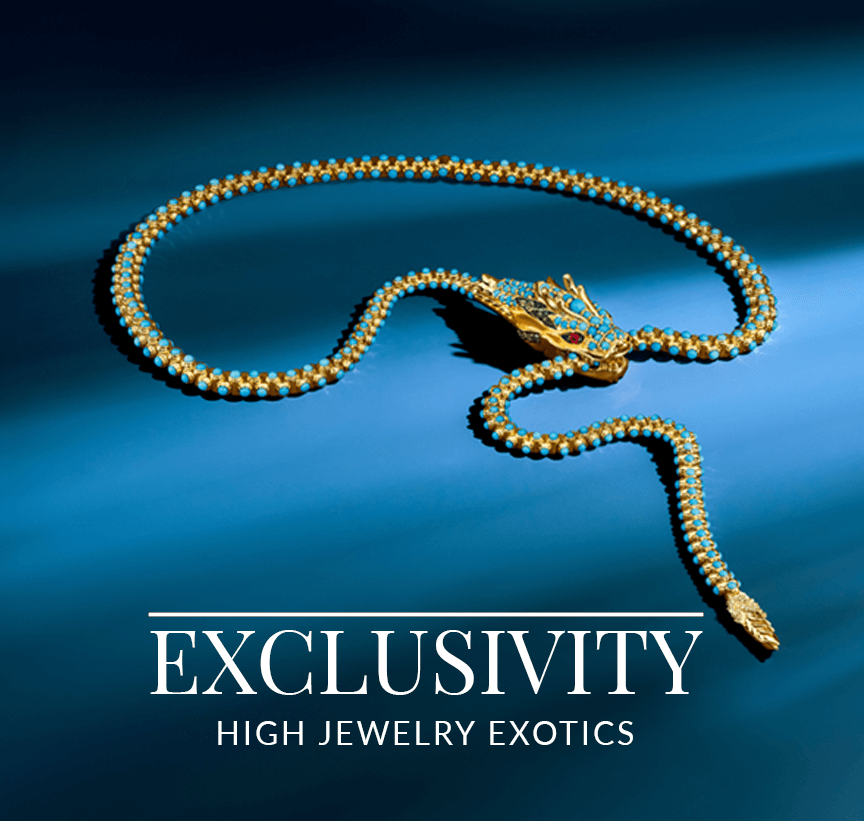 Elaborate gold and turquoise dragon necklace resting on a satin blue surface, from Le Vian’s High Jewelry Exotics collection.