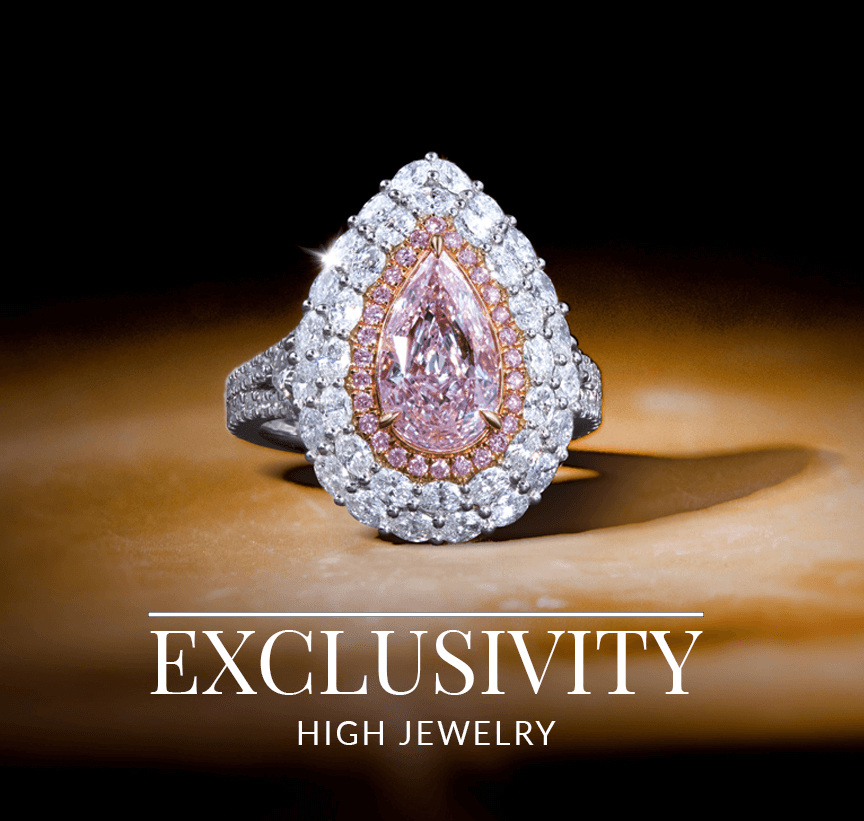 Teardrop-shaped pink diamond ring with two layers of white and pink diamond halos, from Le Vian’s High Jewelry Exclusivity collection.