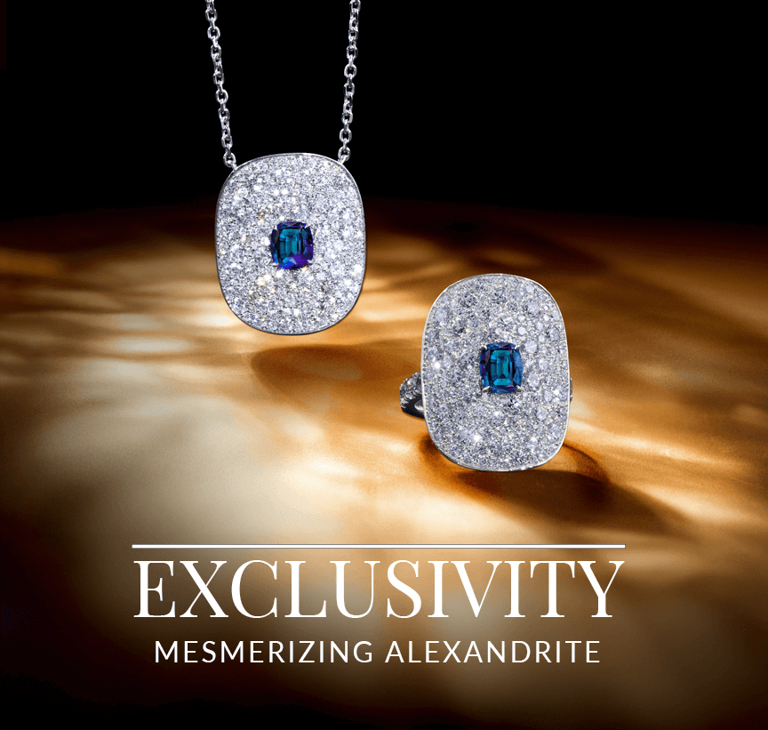 Pendant and ring with center emerald-cut Alexandrite gemstones surrounded by shimmering pavé diamonds, from Le Vian’s Mesmerizing Alexandrite collection.