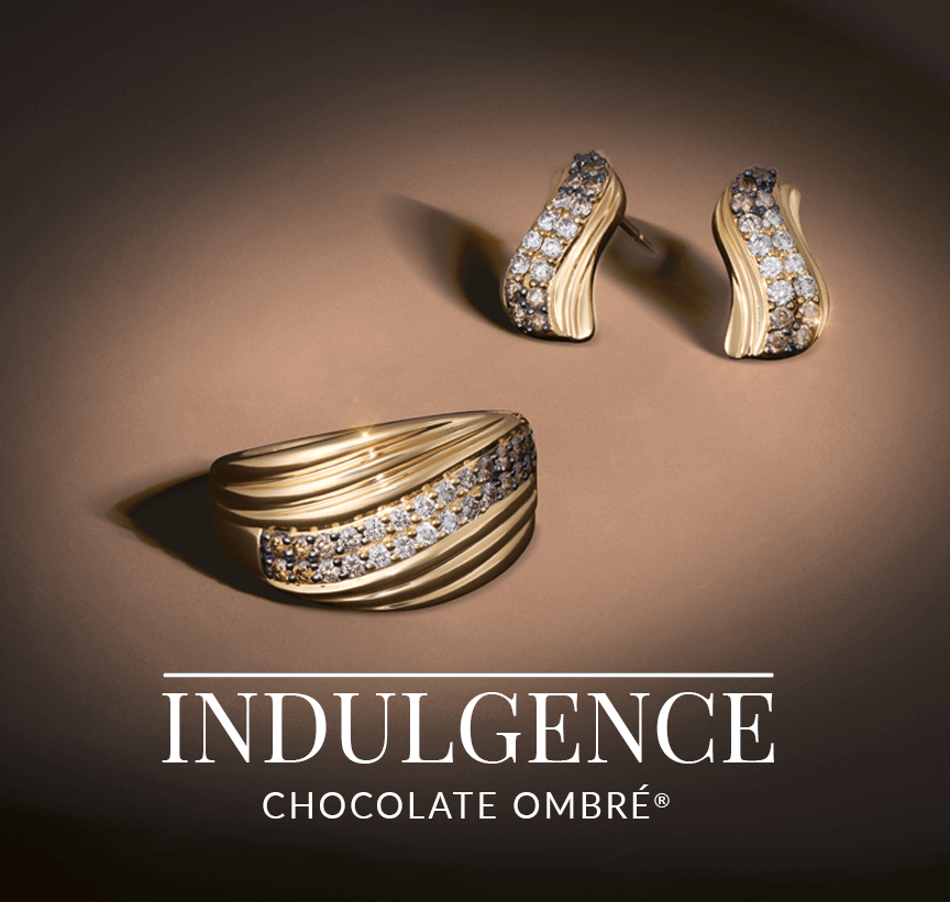 Textured gold jewelry set with ombré rows of Chocolate Diamonds®, reflecting a flowing design, from Le Vian’s Indulgence Chocolate Ombré® collection.