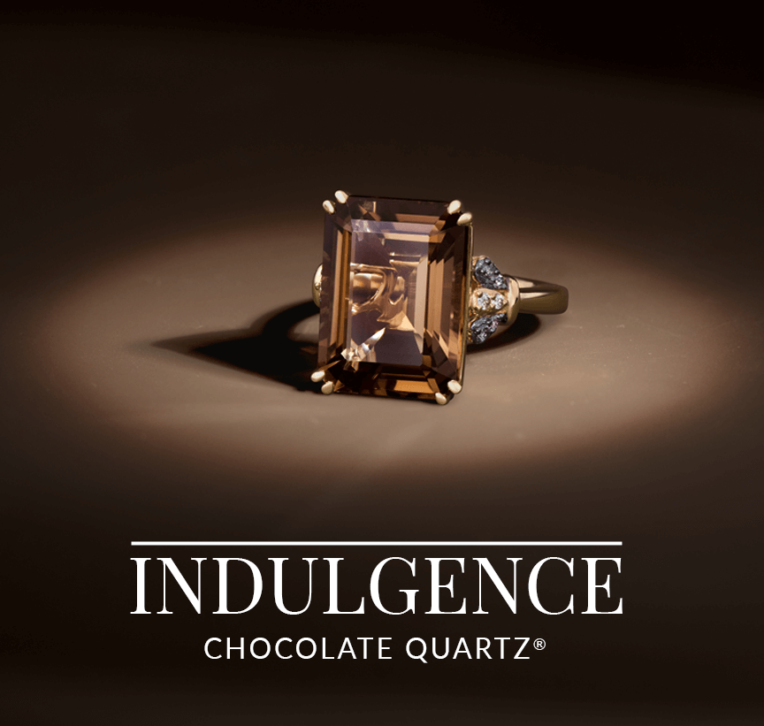 Emerald-cut Chocolate Quartz® ring with diamond accents set against a rich brown background, from Le Vian’s Indulgence Chocolate Quartz® collection.