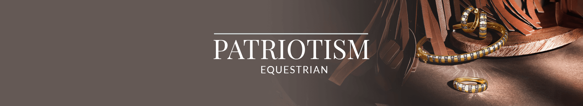 Gold and white diamond jewelry pieces inspired by equestrian tack, displayed with leather reins on a rustic wooden surface, from Le Vian’s Patriotism Equestrian collection.