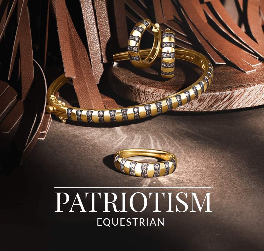 Gold and white diamond jewelry pieces inspired by equestrian tack, displayed with leather reins on a rustic wooden surface, from Le Vian’s Patriotism Equestrian collection.