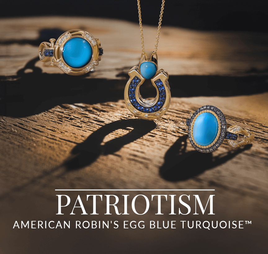 Jewelry featuring vibrant robin’s egg blue turquoise stones in gold and sapphire horseshoe settings, shown on rustic wood, from Le Vian’s Patriotism American Turquoise collection.