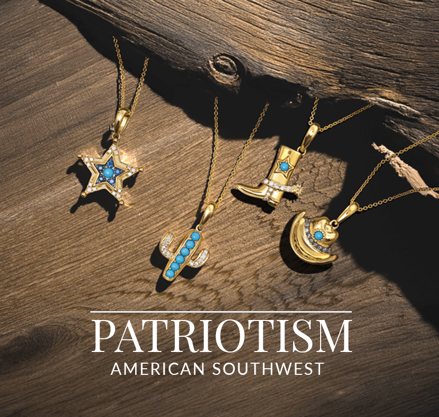 Gold pendant charms shaped like cowboy boots, hats, stars, moons, and cacti adorned with turquoise stones, from Le Vian’s Patriotism American Southwest collection.