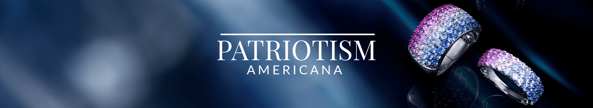 Three gradient pavé rings in red, white, and blue gemstones from Le Vian’s Patriotism Americana collection on a dark, dramatic background.