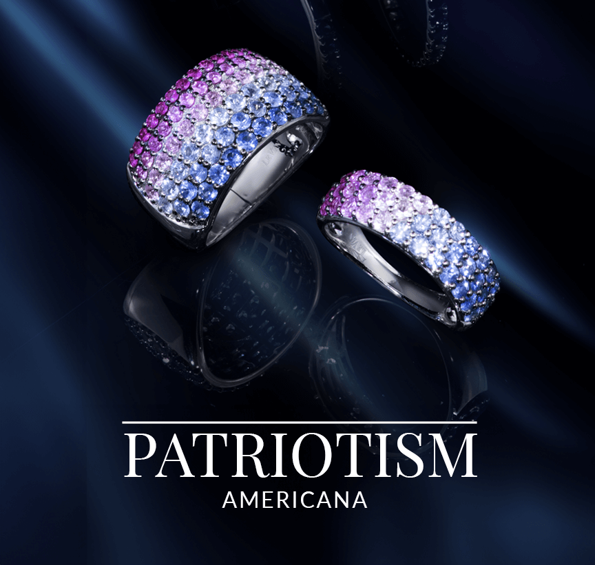 Three gradient pavé rings in red, white, and blue gemstones from Le Vian’s Patriotism Americana collection on a dark, dramatic background.