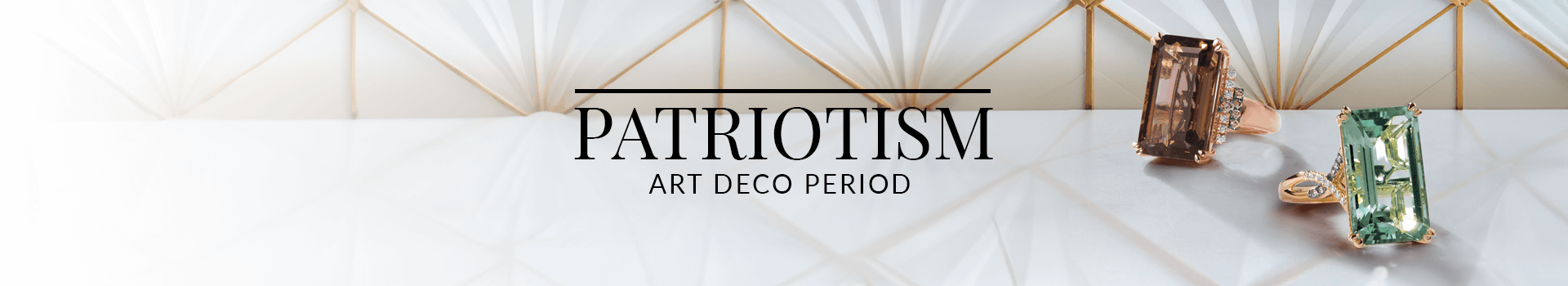 Two rectangular cut rings—one smoky quartz and one light green gemstone—set against a geometric Art Deco-inspired backdrop from Le Vian’s Patriotism Art Deco collection.