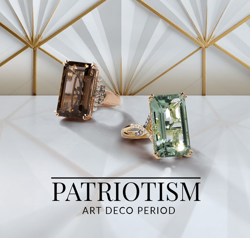 Two rectangular cut rings—one smoky quartz and one light green gemstone—set against a geometric Art Deco-inspired backdrop from Le Vian’s Patriotism Art Deco collection.