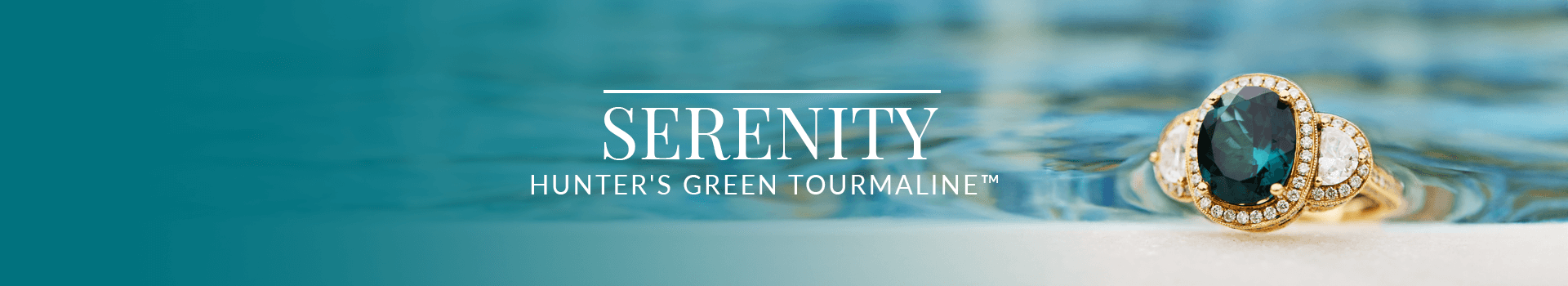 Regal gold ring with an oval Hunter’s Green Tourmaline™ gemstone flanked by diamonds, set against a softly rippling water background from Le Vian’s Serenity collection.