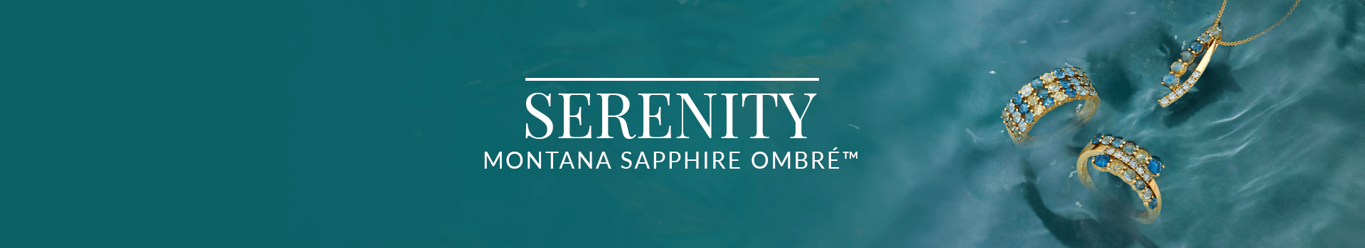 Matching set of ring, earrings, and pendant featuring blue ombré Montana sapphires set in gold, floating on calming water, from Le Vian’s Serenity collection.