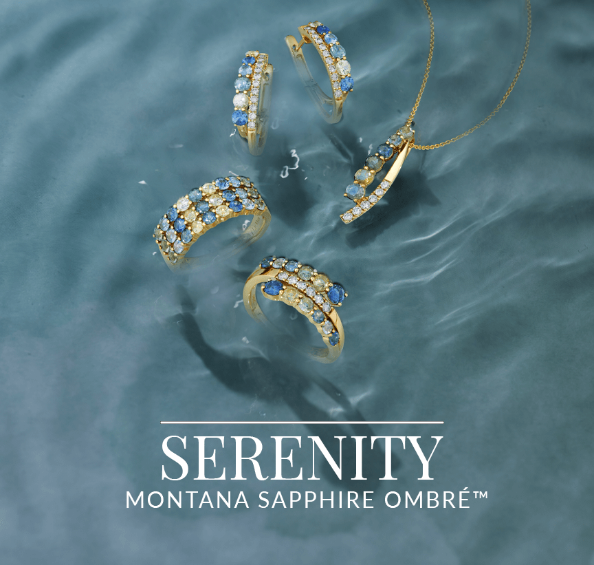 Matching set of ring, earrings, and pendant featuring blue ombré Montana sapphires set in gold, floating on calming water, from Le Vian’s Serenity collection.