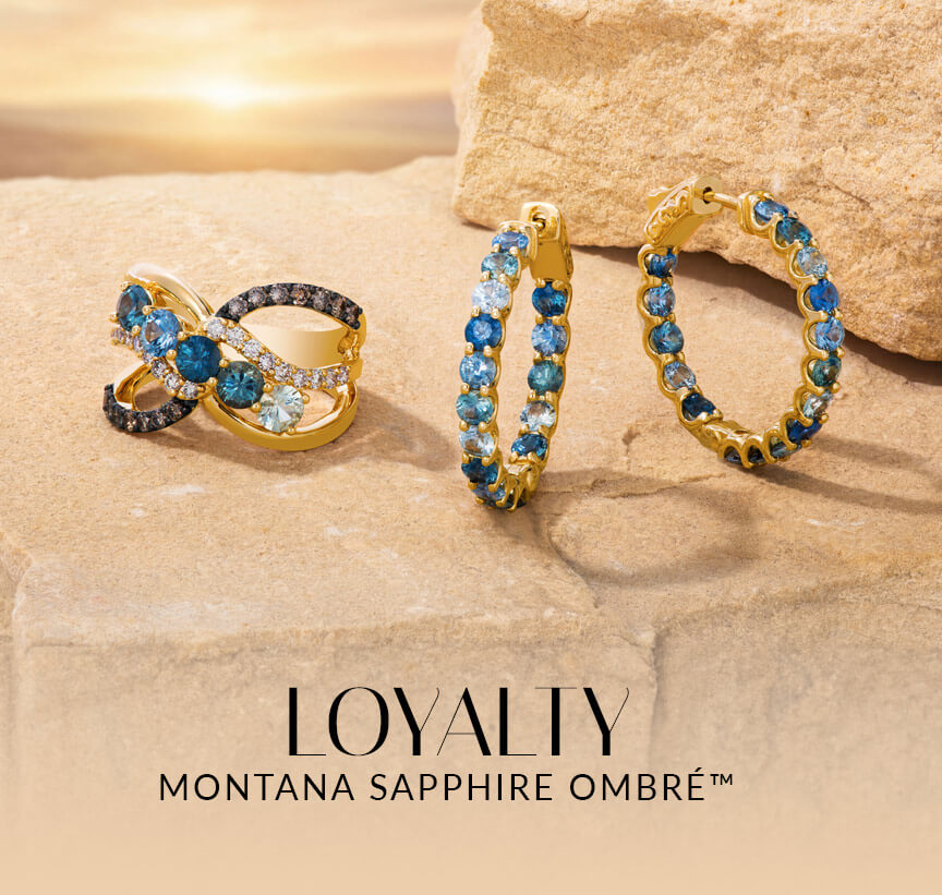 Le Vian® Montana Sapphire Ombré™ ring and hoop earrings in gold with blue gradient sapphires.