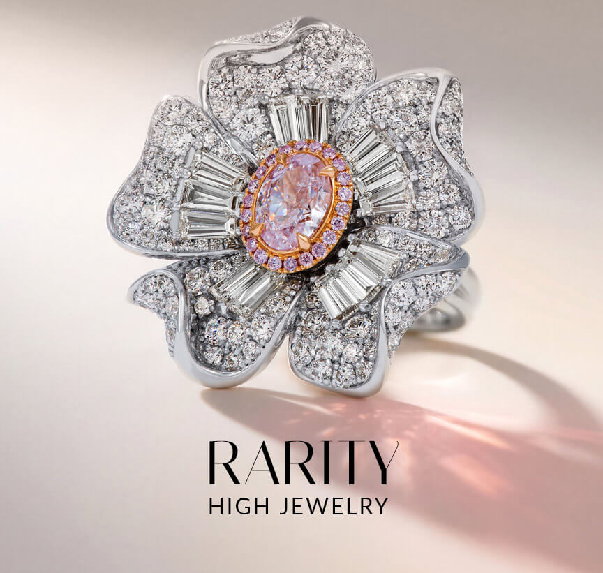 Le Vian® High Jewelry floral ring with a pink center stone, white diamonds and baguette diamond petals.