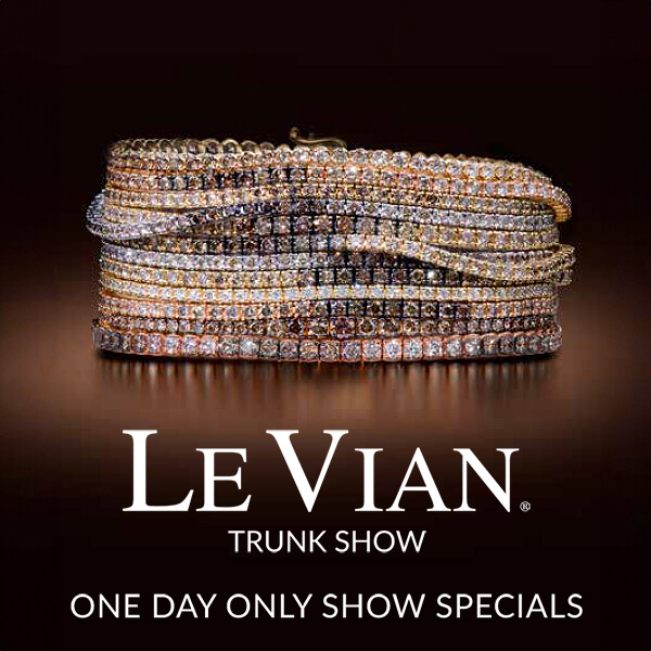 Le Vian Trunk Show banner featuring stacked multicolor diamond tennis bracelets in Chocolate, Nude, and Vanilla tones on a deep brown background with text reading One Day Only Show Specials.