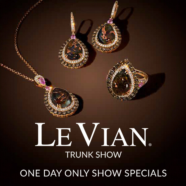 Le Vian Trunk Show banner showcasing Aquadite™ jewelry set with necklace, earrings, bracelet, and ring adorned with vivid blue gemstones on stone backdrop, captioned One Day Only Show Specials.