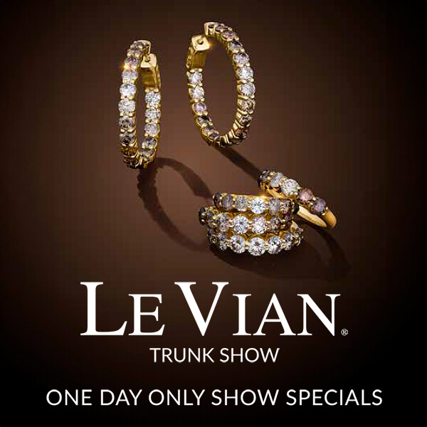 Le Vian Trunk Show banner featuring Chocolate Ombré™ diamond hoops and stackable rings in yellow gold, sparkling against a rich brown background, with caption One Day Only Show Specials.