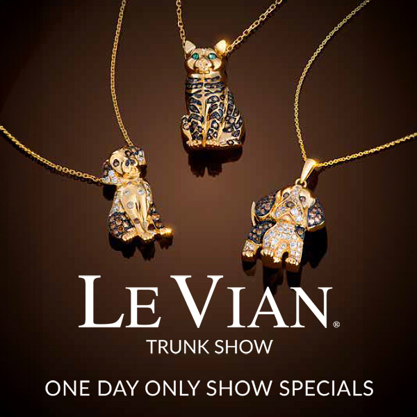 Le Vian Trunk Show banner featuring animal pendants of a cat and two dogs in gold with Chocolate Diamonds®, Nude Diamonds™ and Vanilla Diamonds®, with text One Day Only Show Specials.