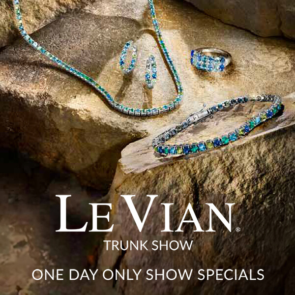 Le Vian Trunk Show banner highlighting Montana Sapphire Ombré™ jewelry set including necklace, earrings, bracelet, and ring in blue and teal shades on stone, captioned One Day Only Show Specials.