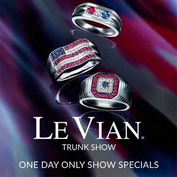 Le Vian Trunk Show banner featuring men’s patriotic rings with red, white, and blue gemstones, including an American flag design, under the text One Day Only Show Specials.